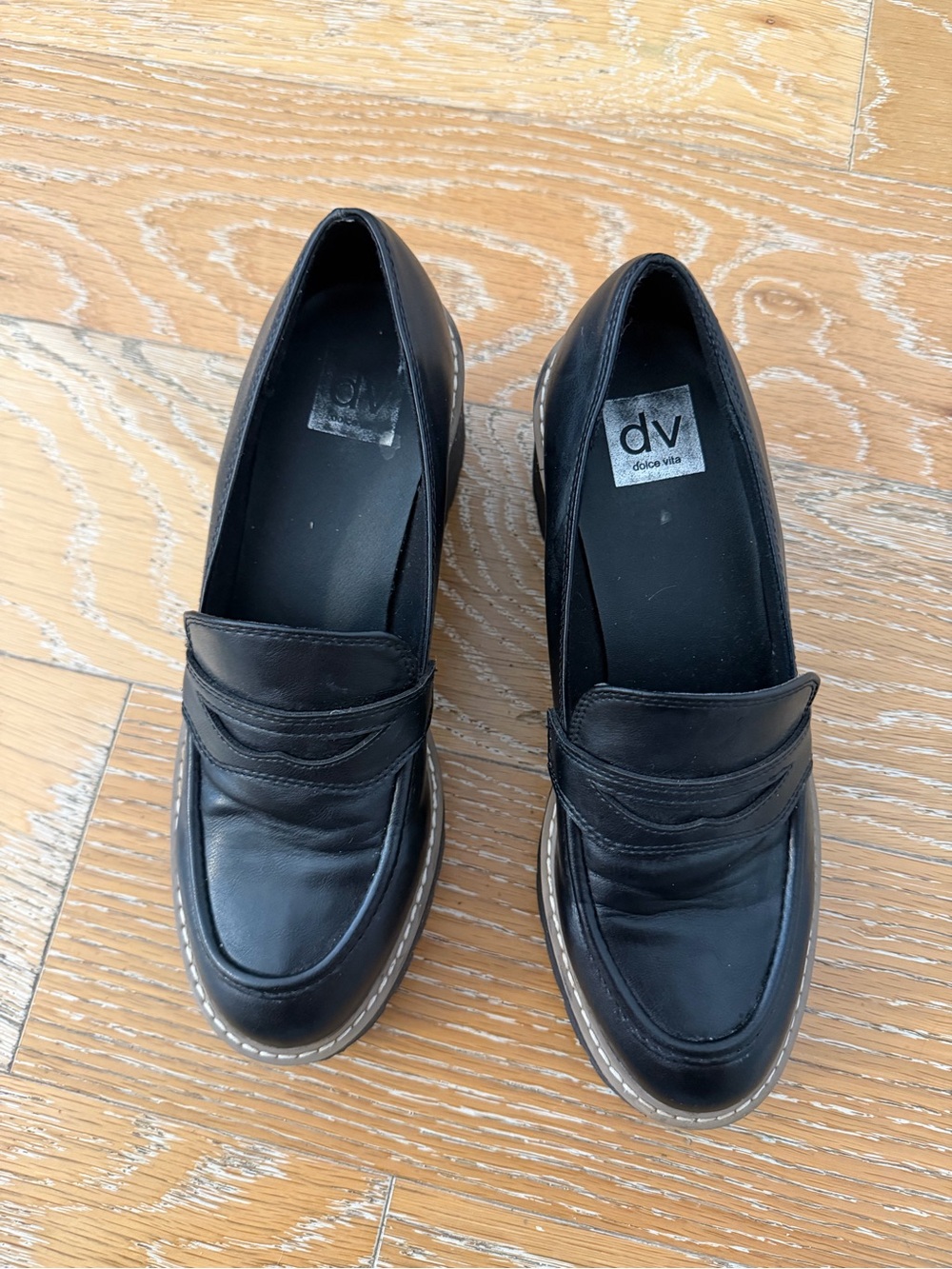 DV by Dolce Vita Black Leather Penny Loafers with Contrast Stitching